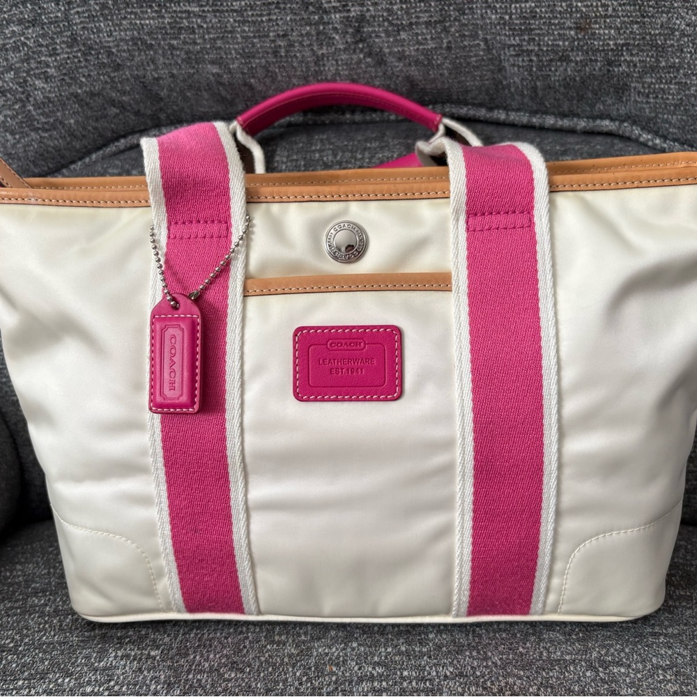 Coach Cream Nylon Tote with Pink Straps